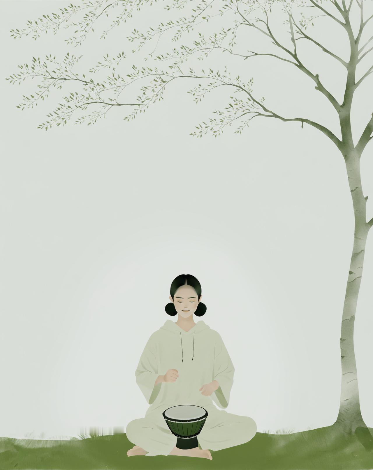 治愈系水墨风｜树下鼓鸣，心归宁静🌿
淡墨晕染的树下，两位身着素白长袍的女子席地