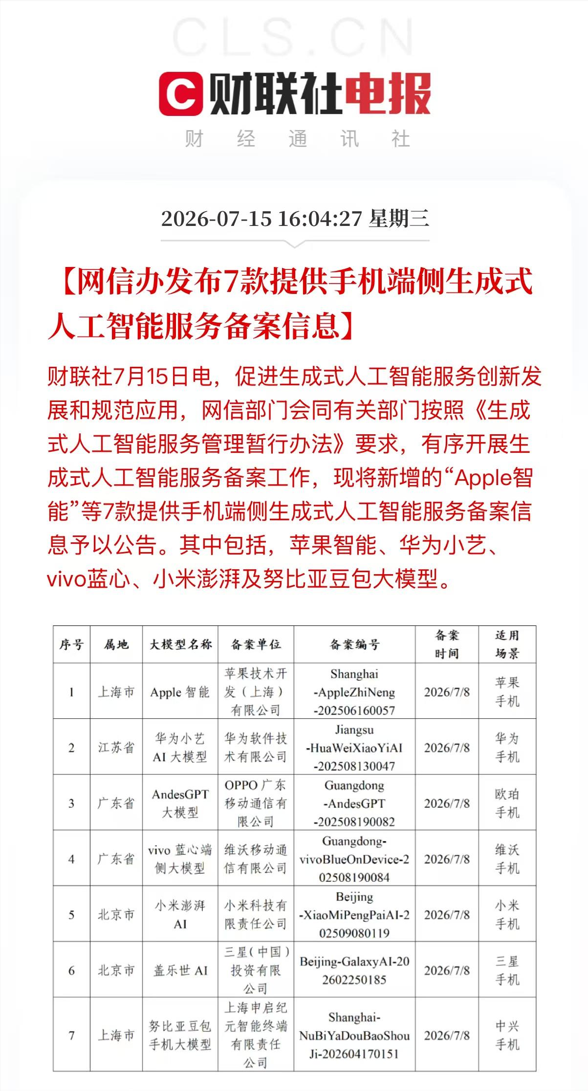 苹果AI正式备案，今年稳了！
苹果智能已经出现在手机端侧生成式人工智能服务备案名