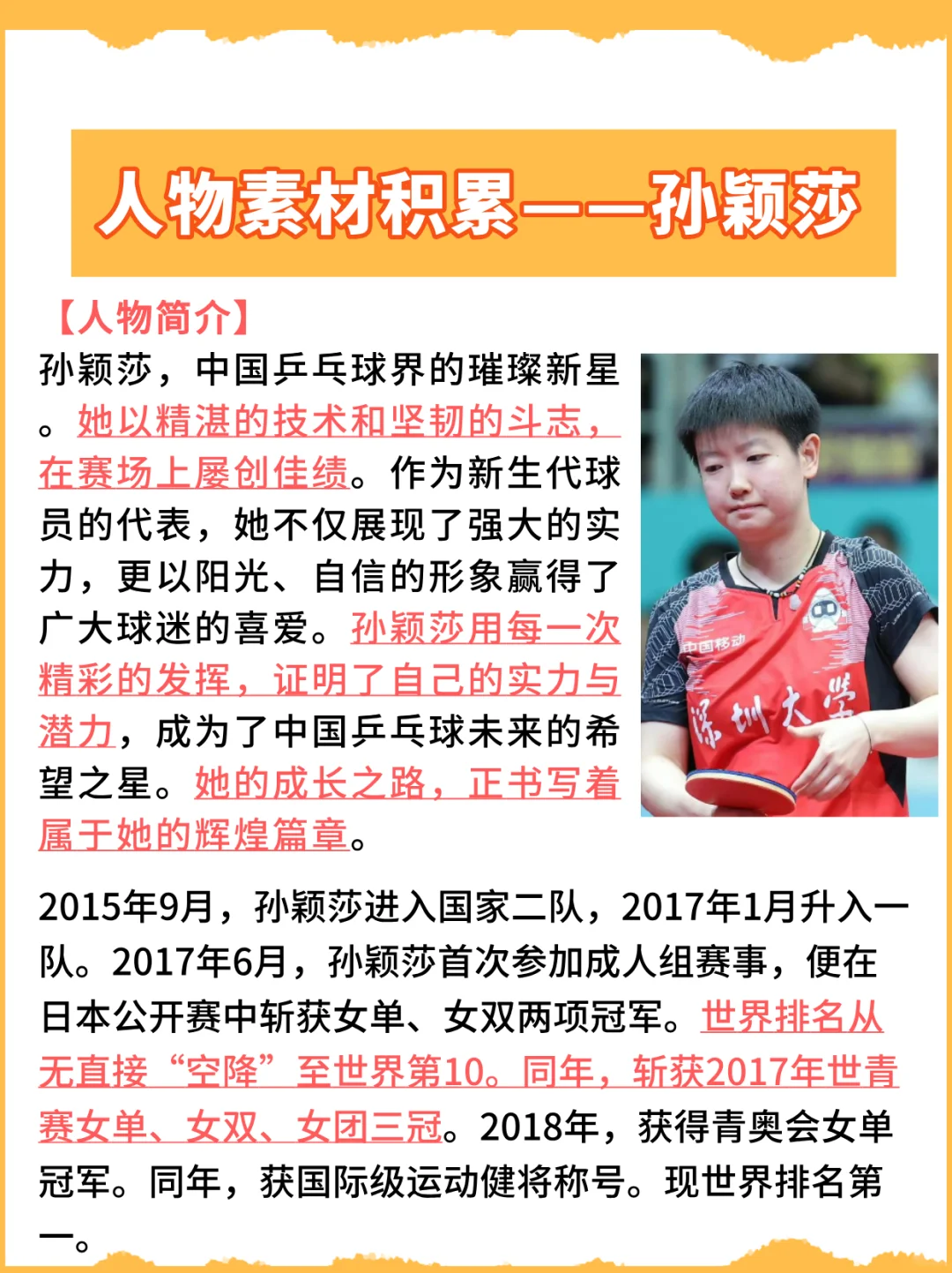 必背热门人物素材积累：全力以赴的孙颖莎
