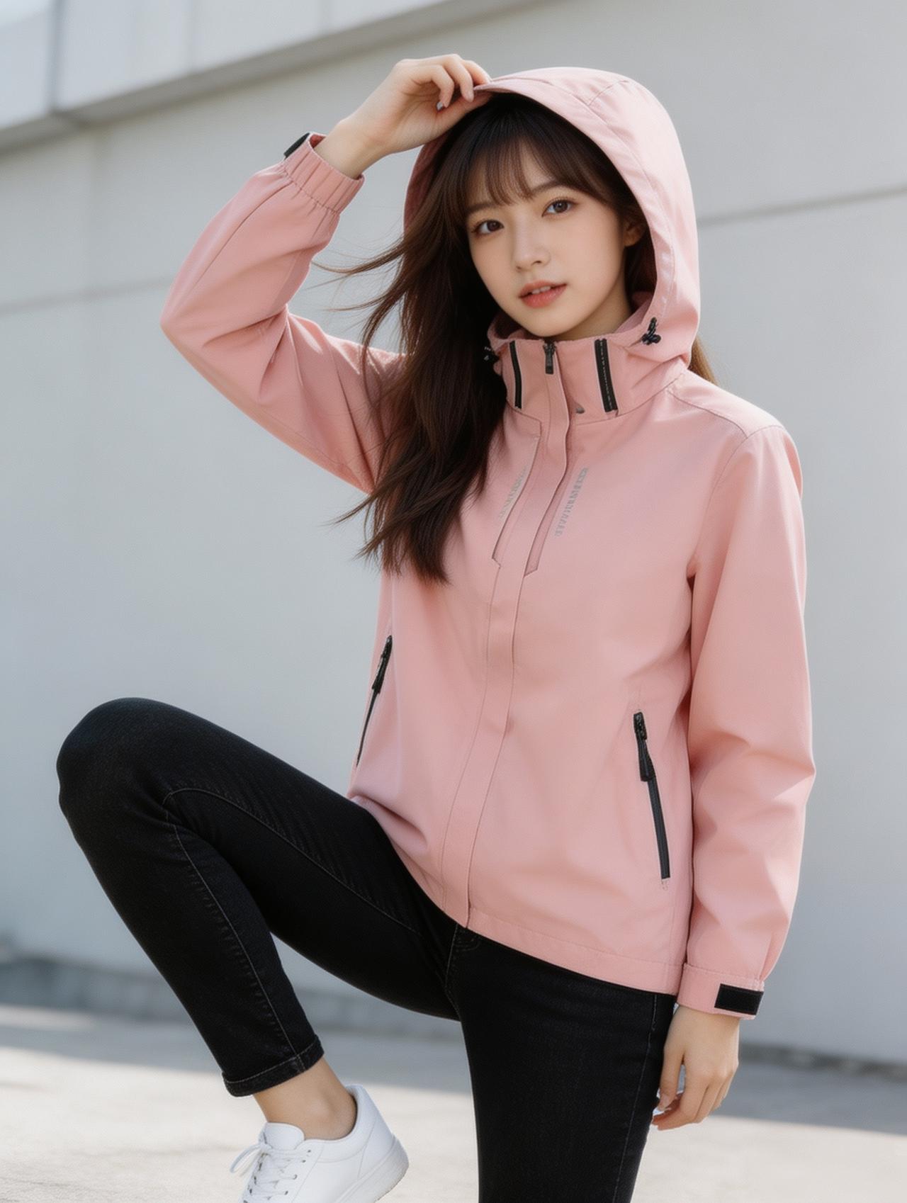 我套上粉色卫衣外套，软乎乎的色调像把春日揉进了衣料，拉链拉到胸口，露出内搭的白T