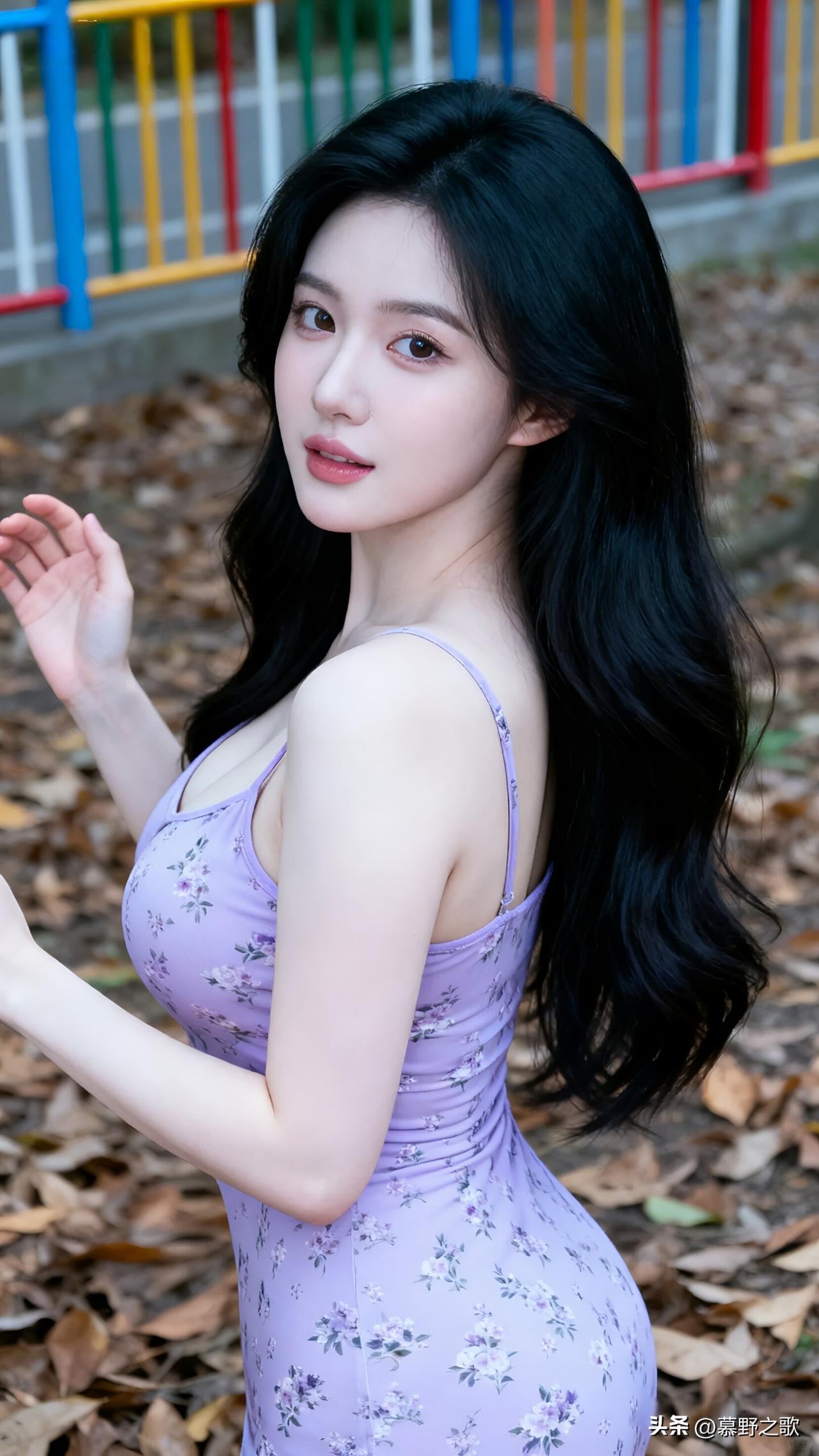 紫色碎花吊带，温柔又性感。
蹲在落叶上，姿态慵懒又迷人。
 
冷白皮在绿色背景的