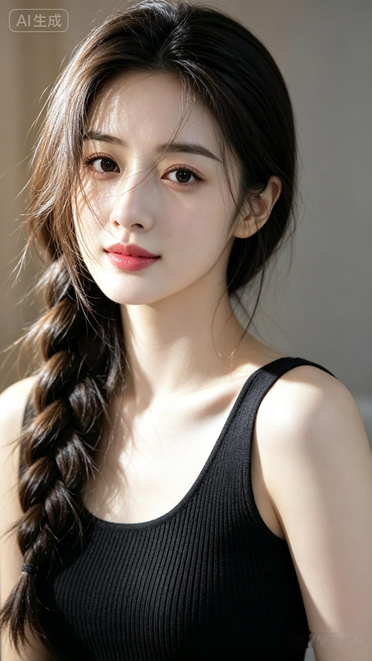 温柔甜美的少女，黑发编辫，穿着黑色吊带衫，散发自然魅力。