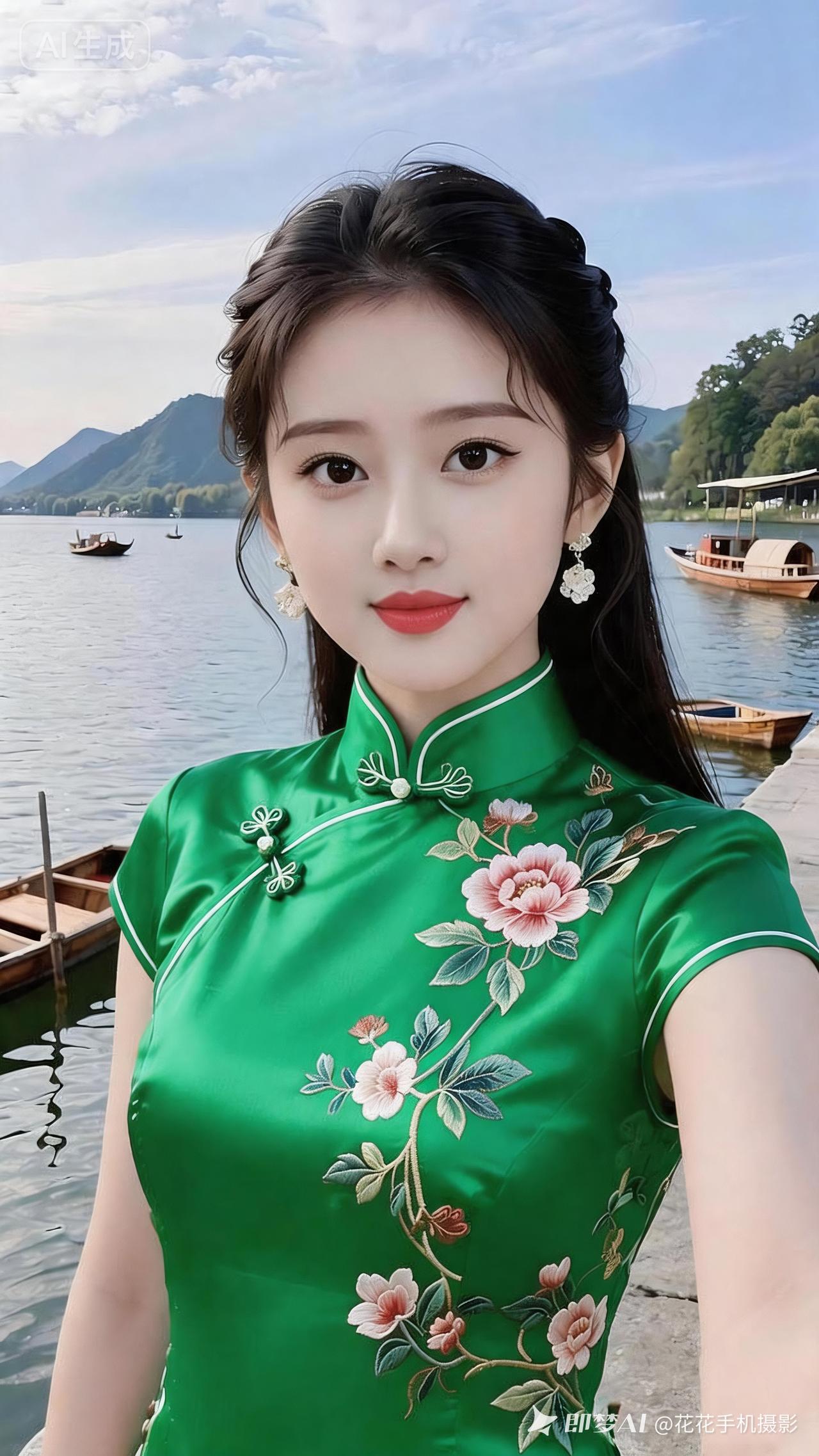 湖畔绿衣少女，花枝招展，惊艳时光！