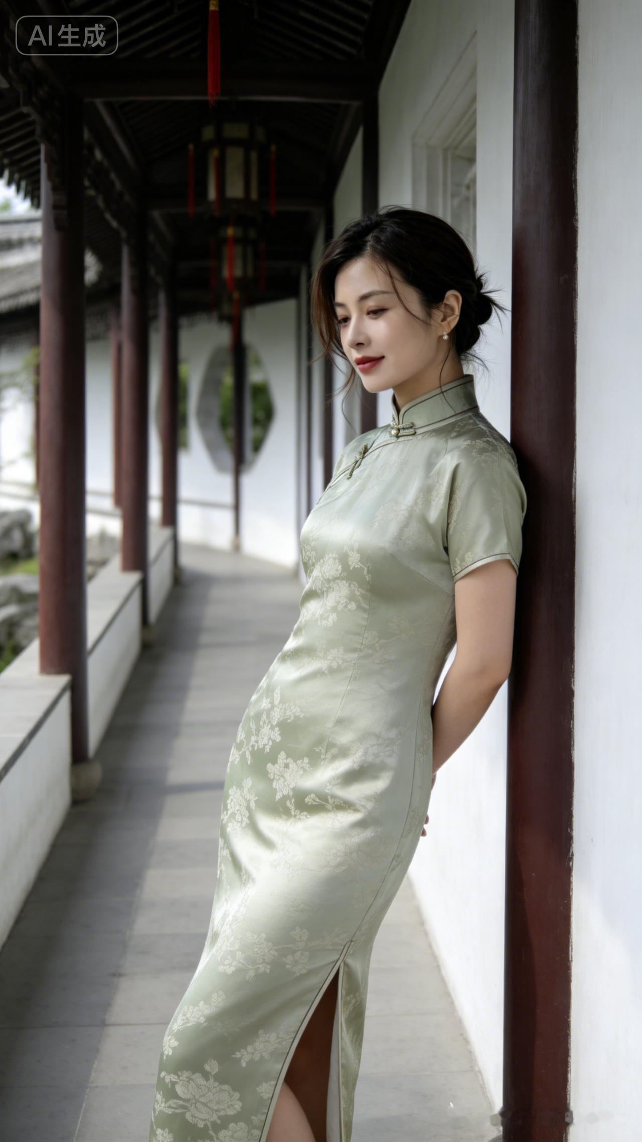 一个穿旗袍的女孩靠在廊柱上。