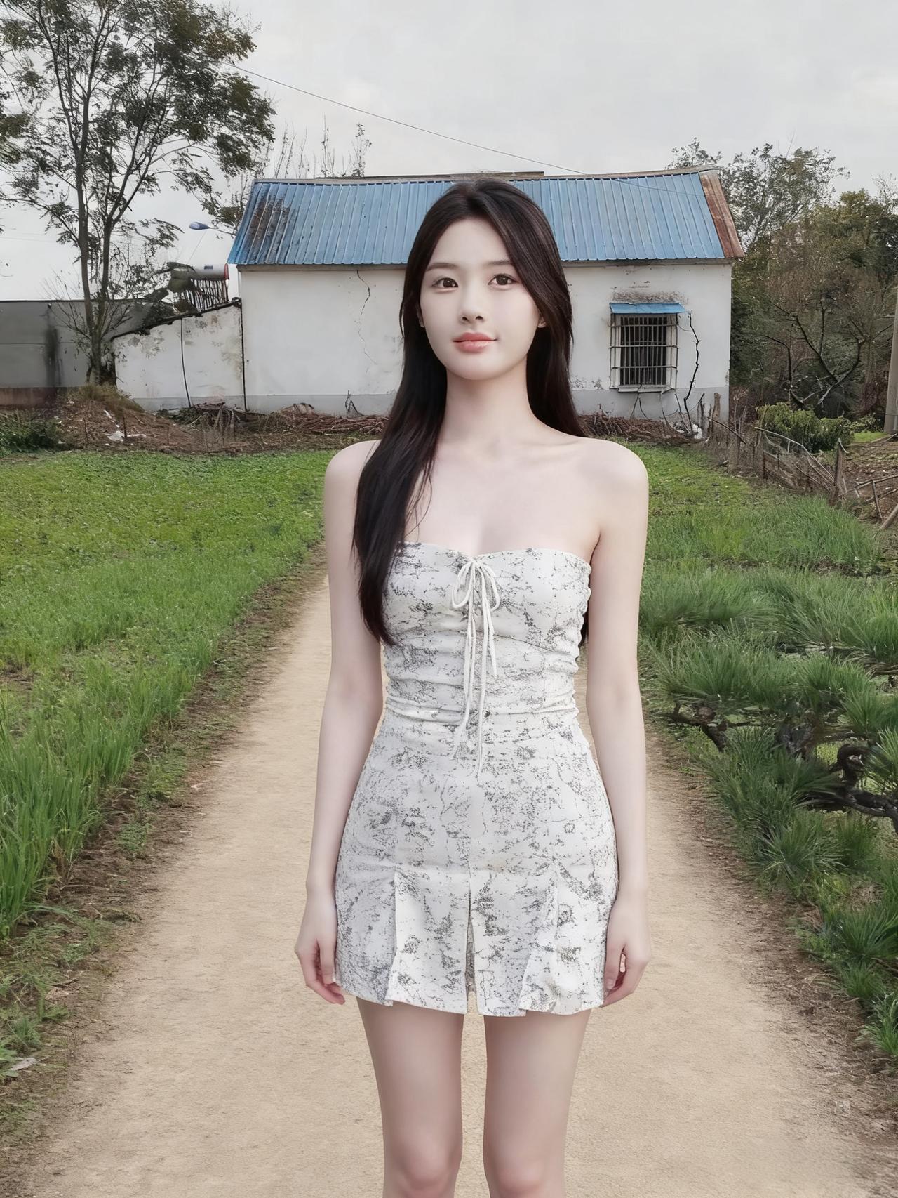 素裙摇曳立田头，发卷乌云态更柔。
欲问春情何处寄，笑靥开时解千愁。