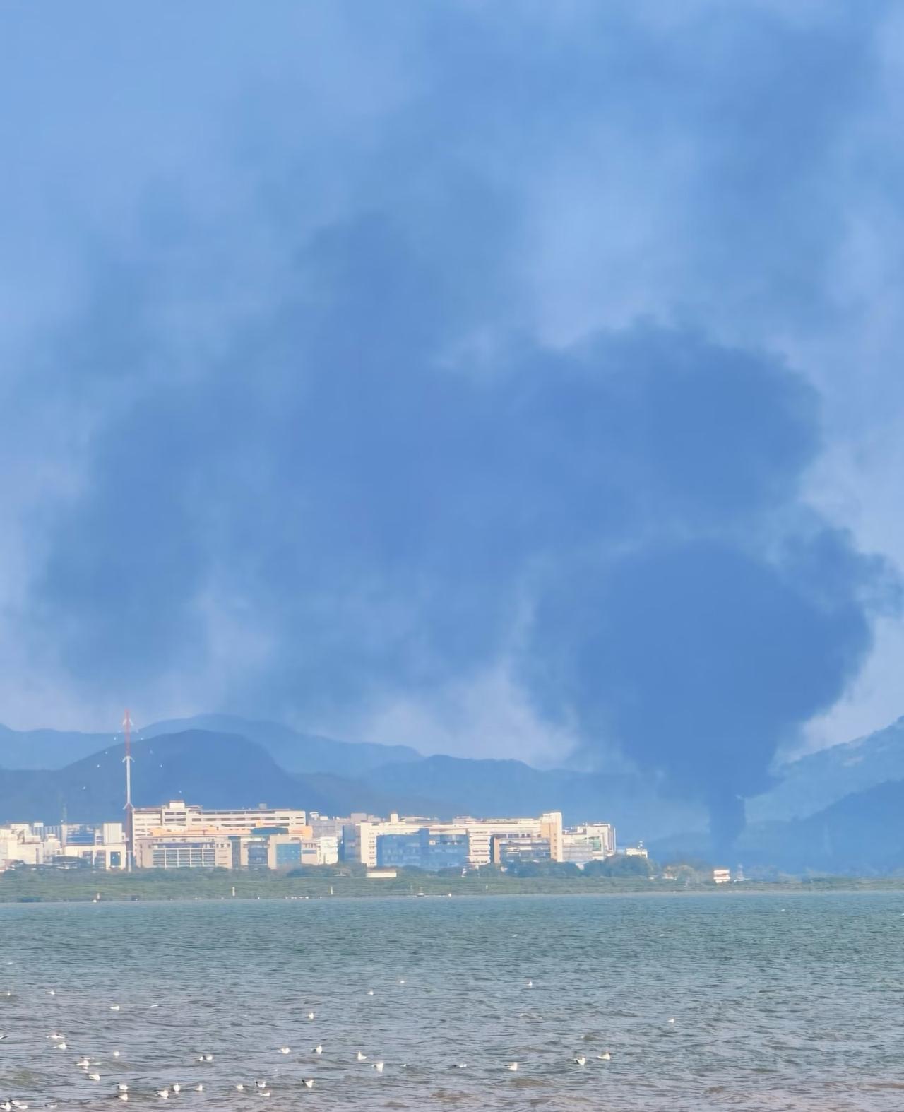刚从深圳湾回来，吓我一跳！对面那片浓烟滚滚的，我还以为是哪个工厂乱排污，心里正吐