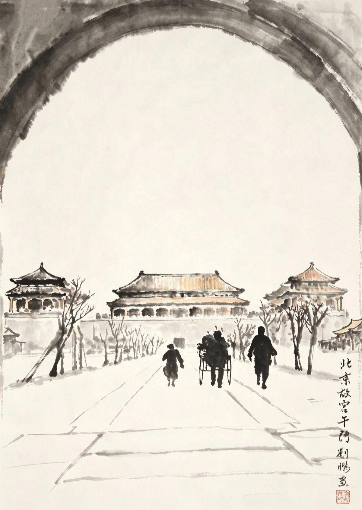 透过端门门洞看午门，百年旧京跃然纸上。一幅国画，再现民国时期北平故宫的景象。这幅