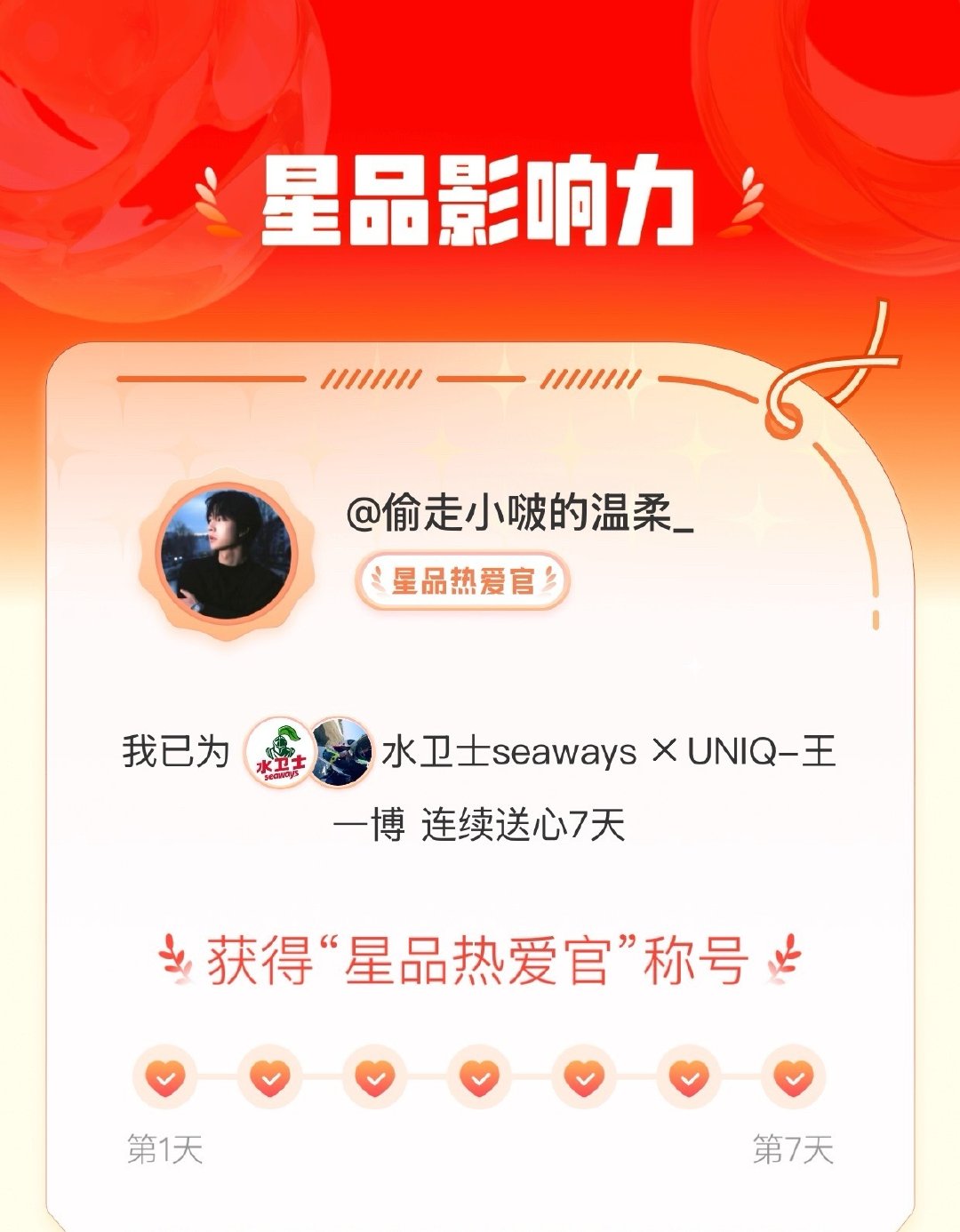 王一博代言水卫士 代言合作上新啦！我已为 送心成功，快来 星品影响力 推荐这份植