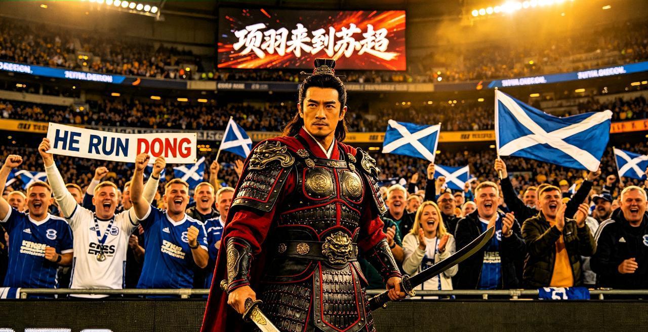 何润东项羽造型踢馆苏超  当楚霸王的戟尖撞上绿茵场的足球，次元壁碎得恰到好处。何