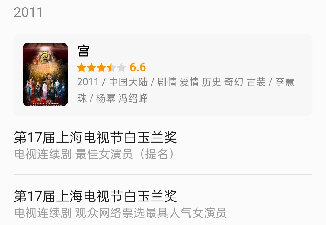 其实我还蛮好奇的，宫当年为啥也没有金鹰提名，明明是湖南卫视播的而且收视率也很高，