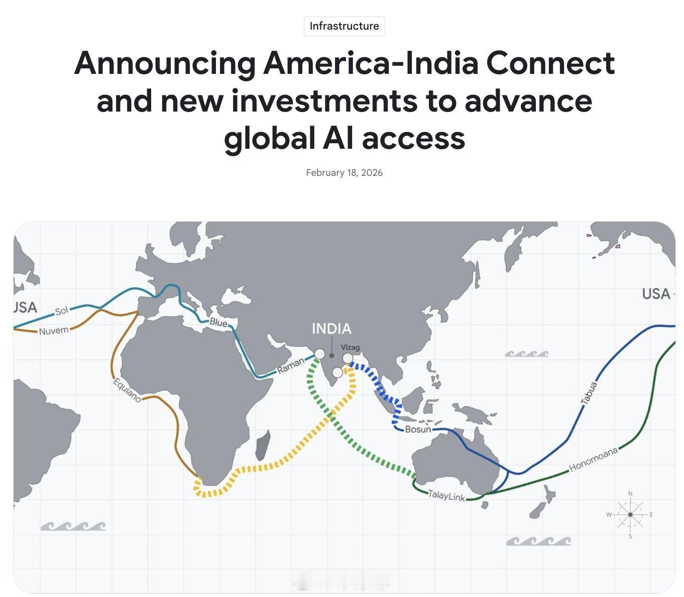 谷歌$GOOGL刚刚宣布了“美印互联”计划 谷歌宣布计划铺设新的海底电缆，以帮助