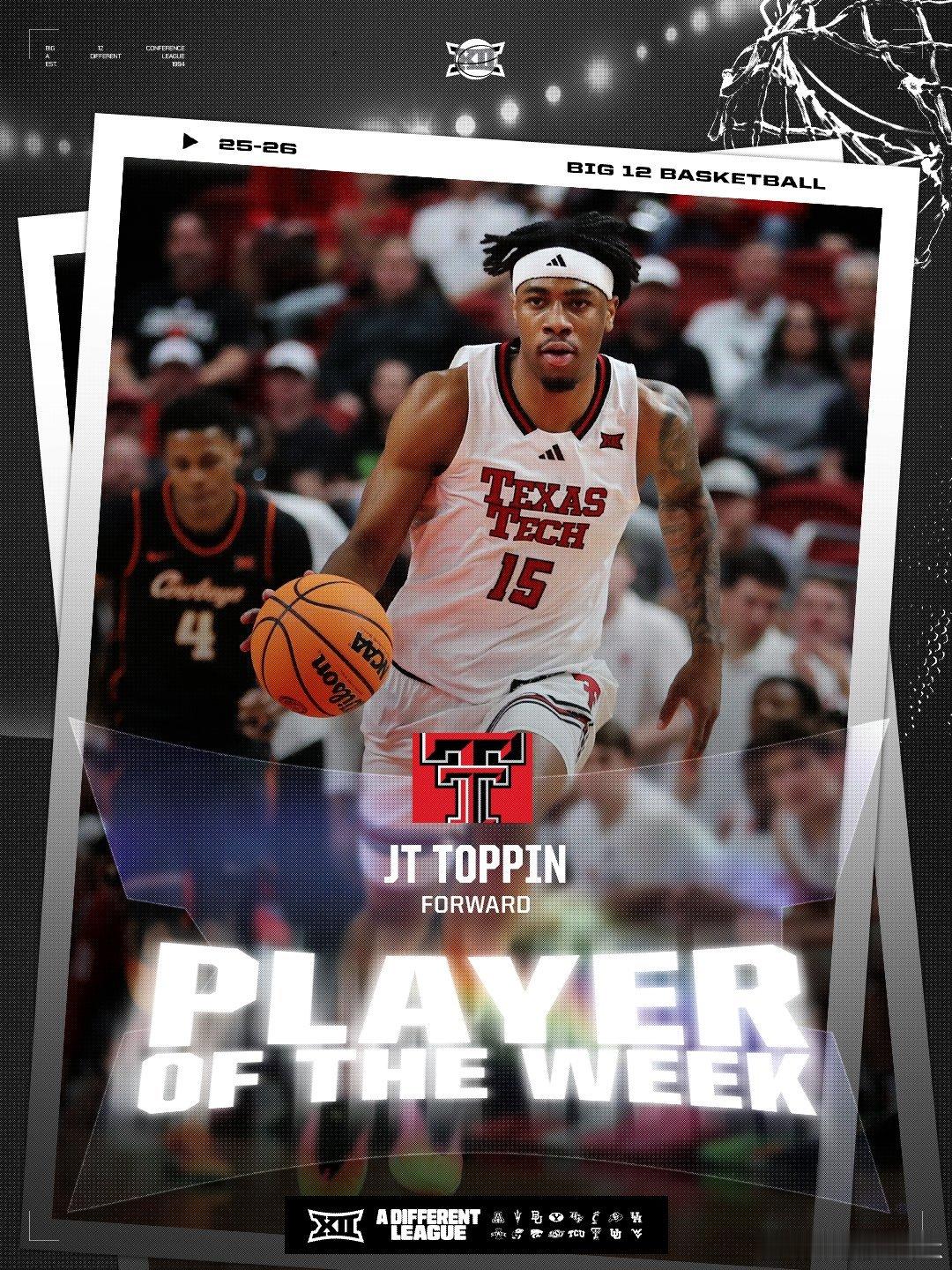 Big 12联盟第9周表现奖（2025-2026赛季）。 最佳球员：JT Top