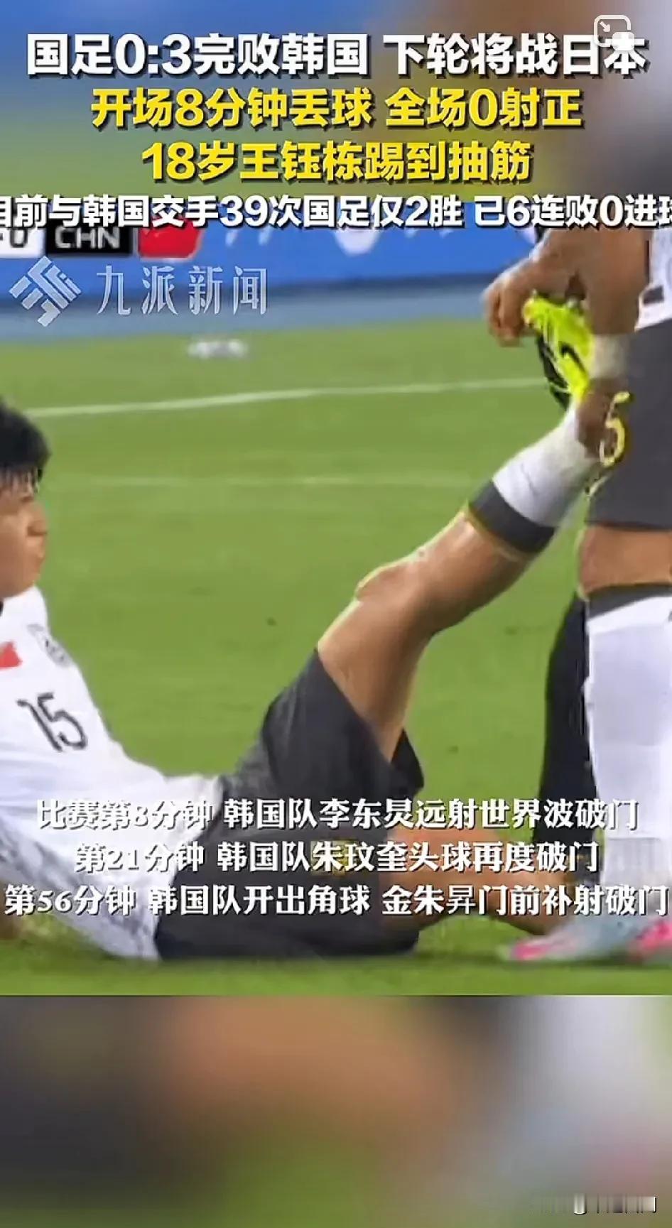 18岁国足王钰栋踢到脚抽筋！
7月7日， 国足0比3完败韩国，全场0射正，对韩国