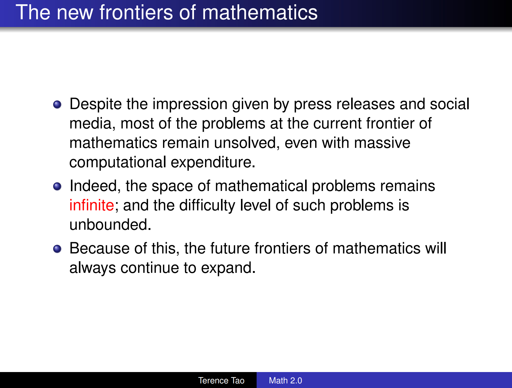 陶哲轩昨晚在加州理工学院作了题为「Math 2.0」的学术报告，主要谈论了 AI