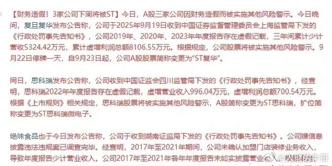 思科瑞ST创意信息ST绝味食品ST复旦复华ST市场突然出现如此多的财务造假而被S