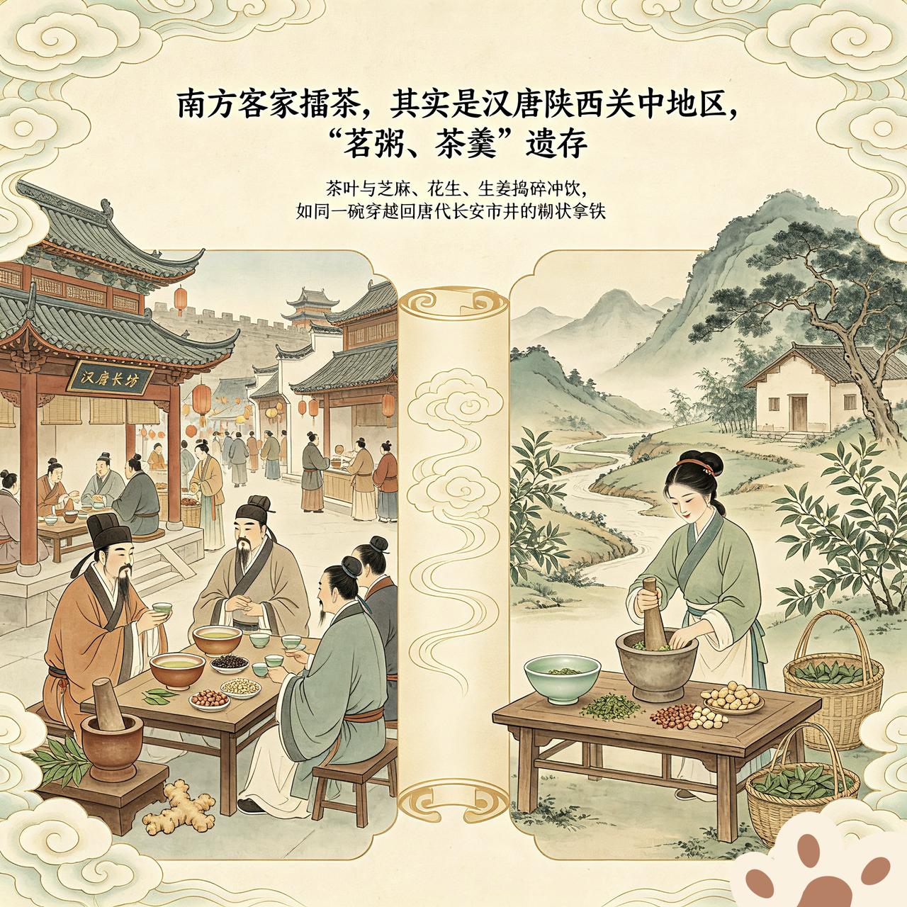 南方客家擂茶，其实是汉唐陕西关中地区，“茗粥、茶羹”遗存。它保留了比日本抹茶，更