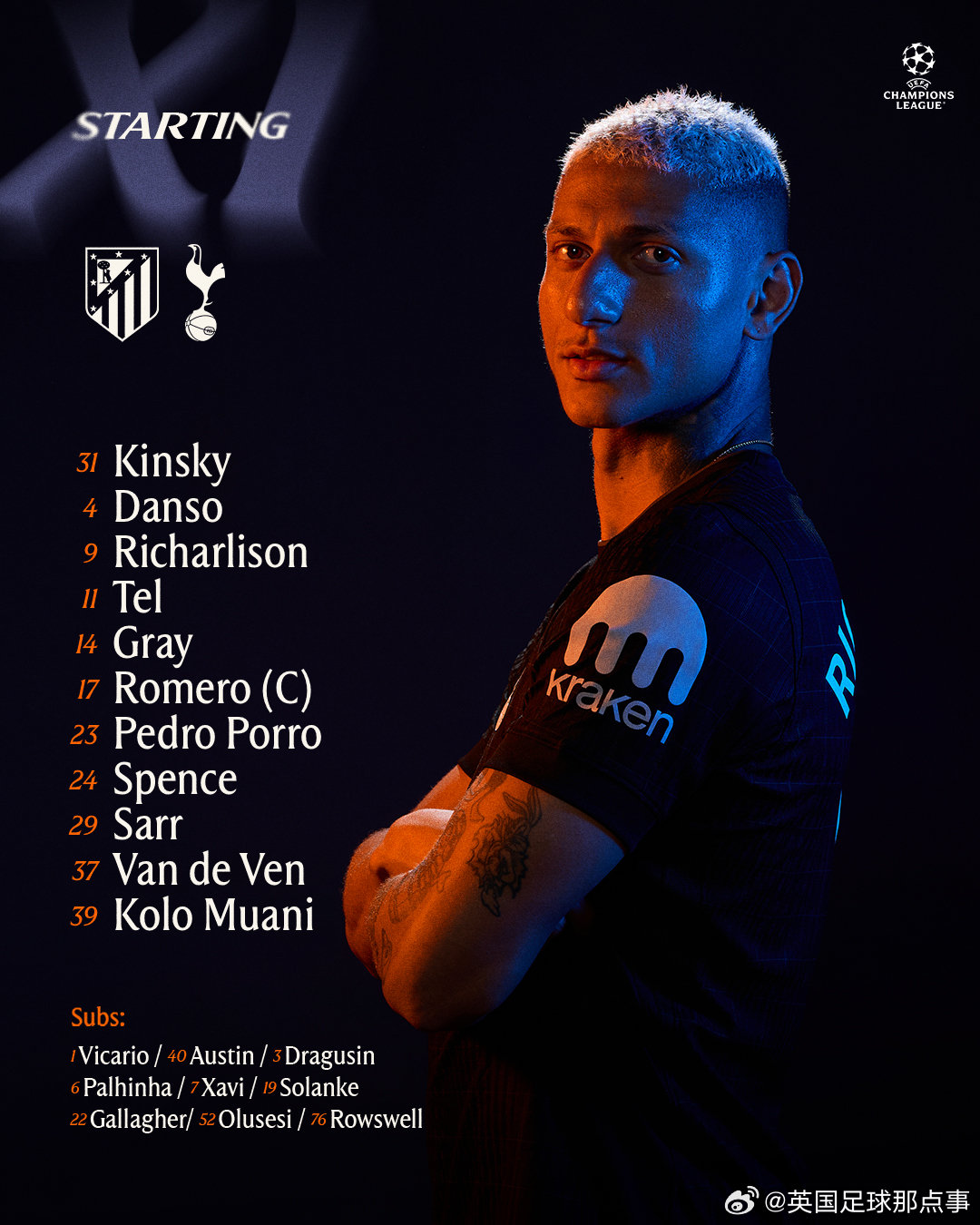 马竞vs热刺 首发阵容⬇️马德里竞技首发：13-奥布拉克、18-普比尔、24-勒