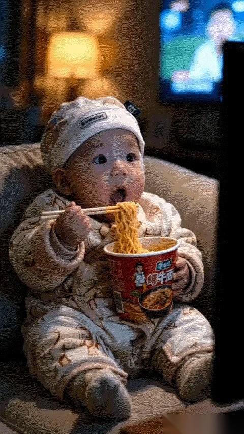 一勺饭，目标是嘴，着陆点却是鼻子。
小家伙也不气，小嘴一抿，再来！眼睛瞪得溜圆，