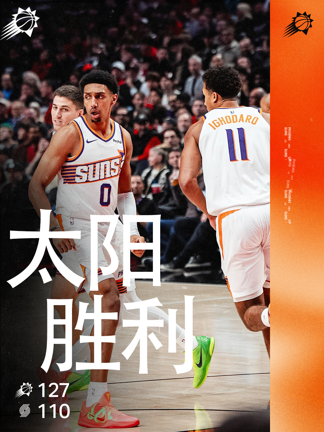 终场结束，太阳以127-114击败开拓者，拿下最终胜利！