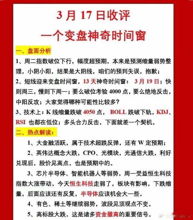 3月17日收评：一个变盘神奇时间窗一、盘面分析1、周二指数破位下行，幅度超预期，