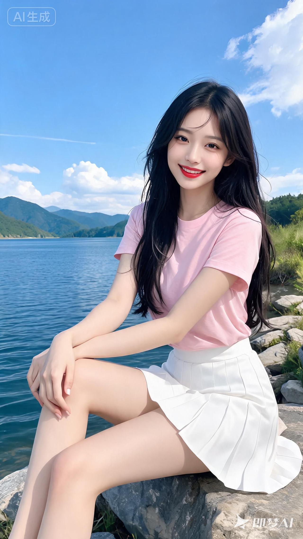 阳光明媚，女孩湖边拍照。