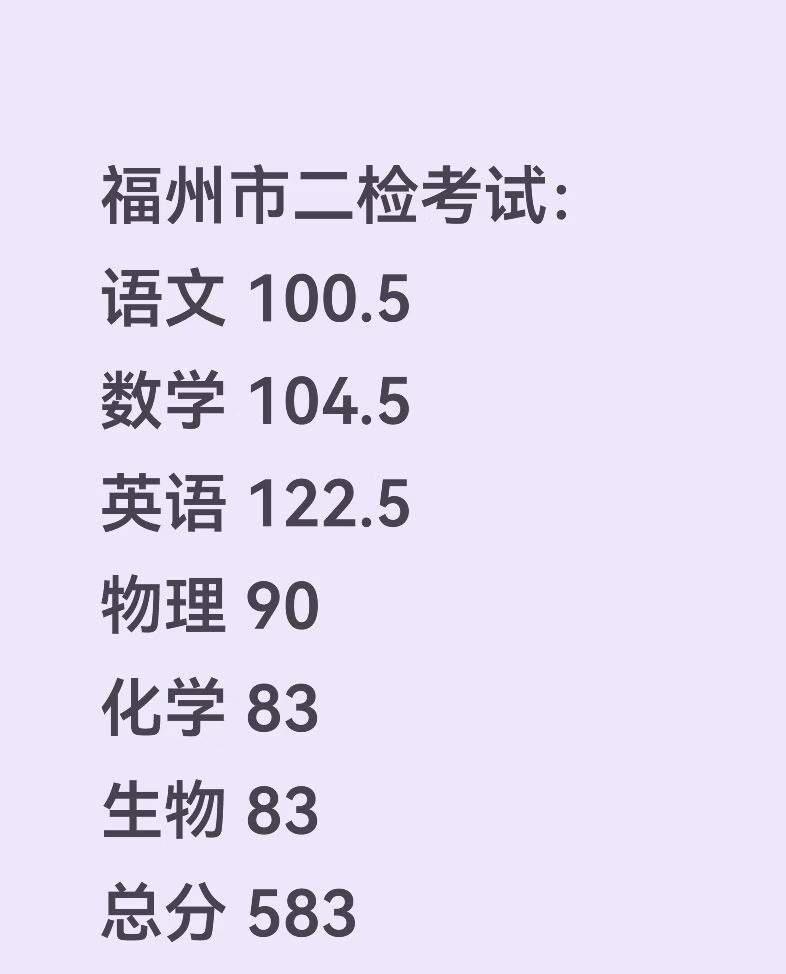 妹妹的女儿今年福州高三在福州四中就读，这次二检考了583分，妹妹一家心里有点担心