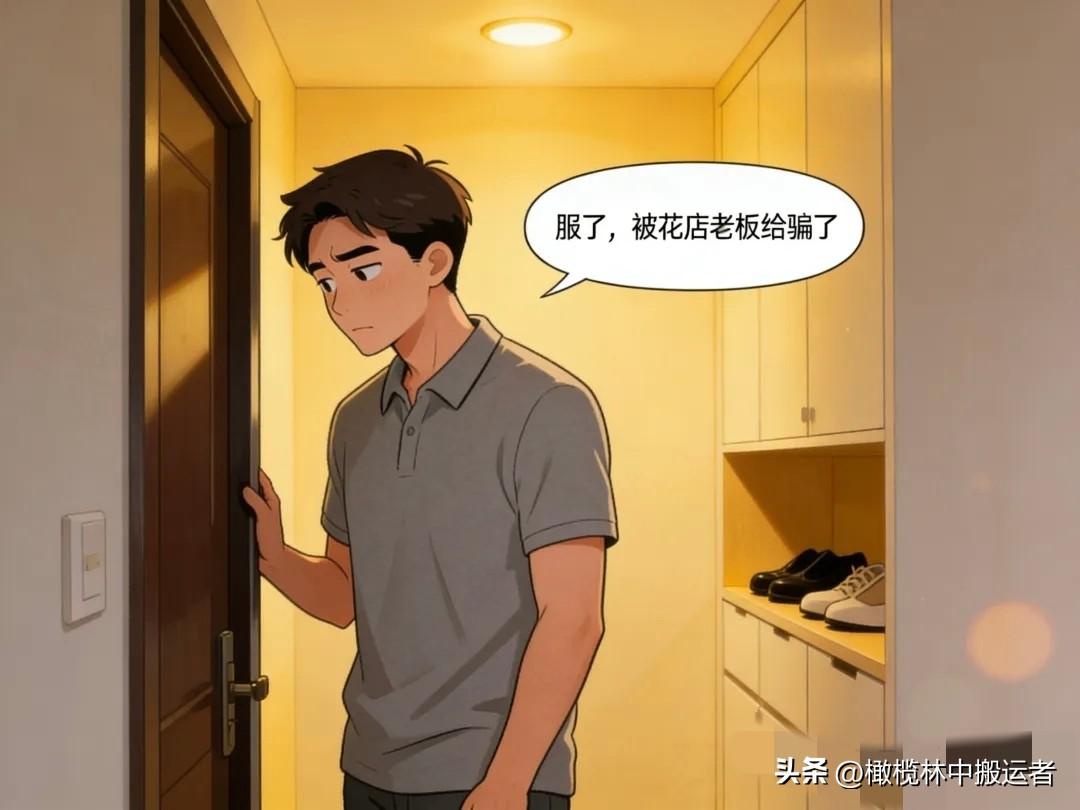 趣味漫画：老公回家进门就说：服了，被花店老板给骗了。老婆：怎么了？老公：他说他家