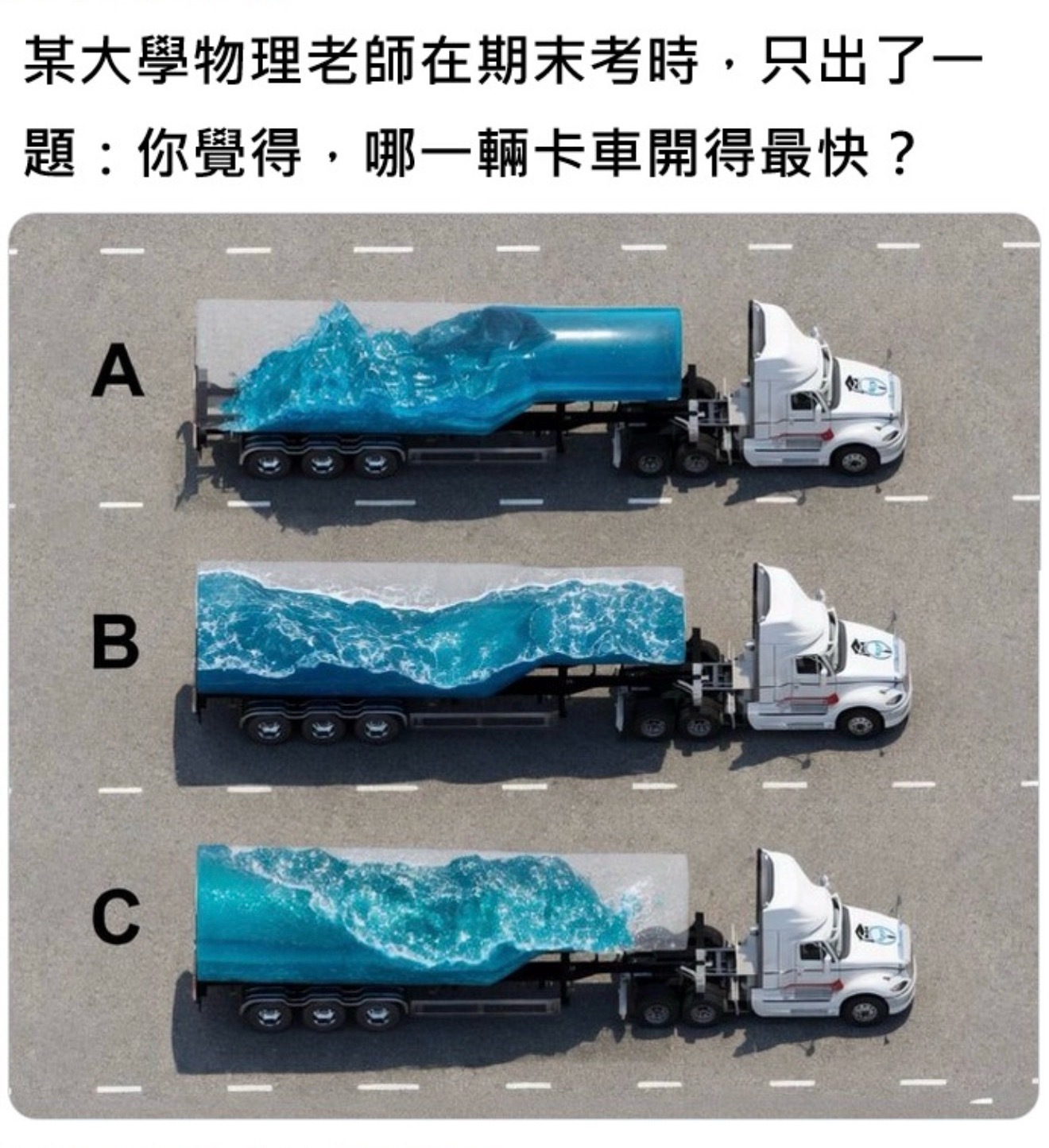 问题来了，哪一辆卡车开的最快？