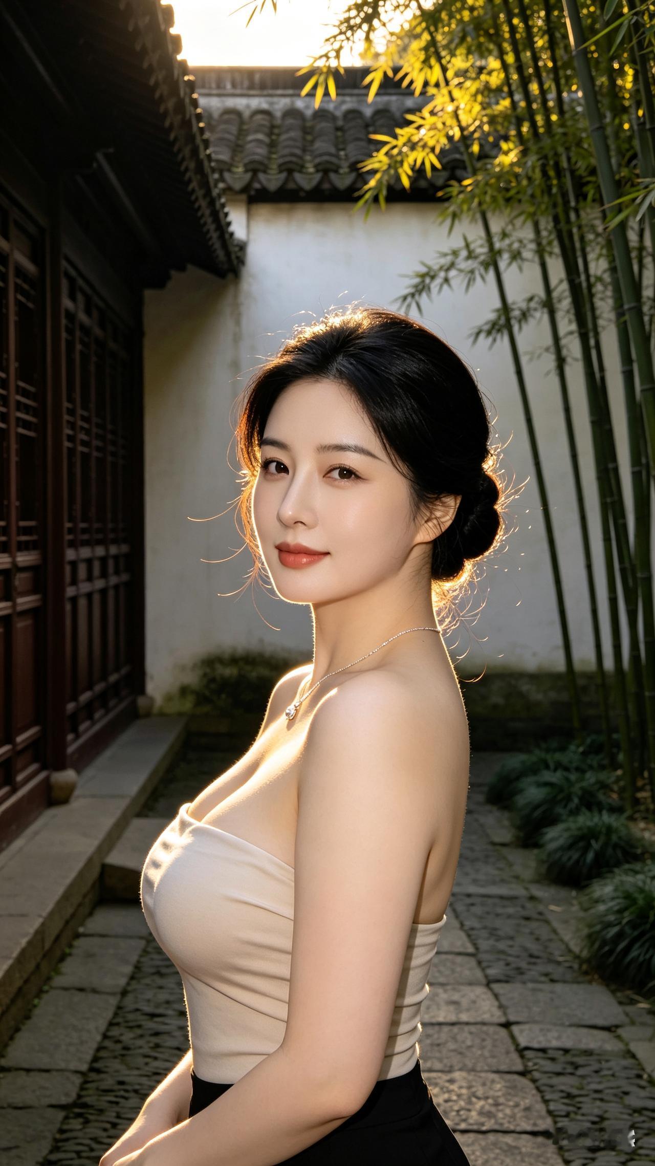 中年女人身处江南老宅庭院，鹅蛋脸冷白肌肤，乌黑盘发，身着浅色抹胸上衣，身形丰润饱