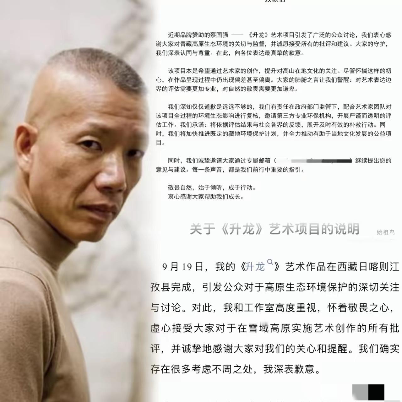 蔡国强受到立案调查，
因为破坏环境而被立案调查。
令人失望的是，蔡国强没有用自己