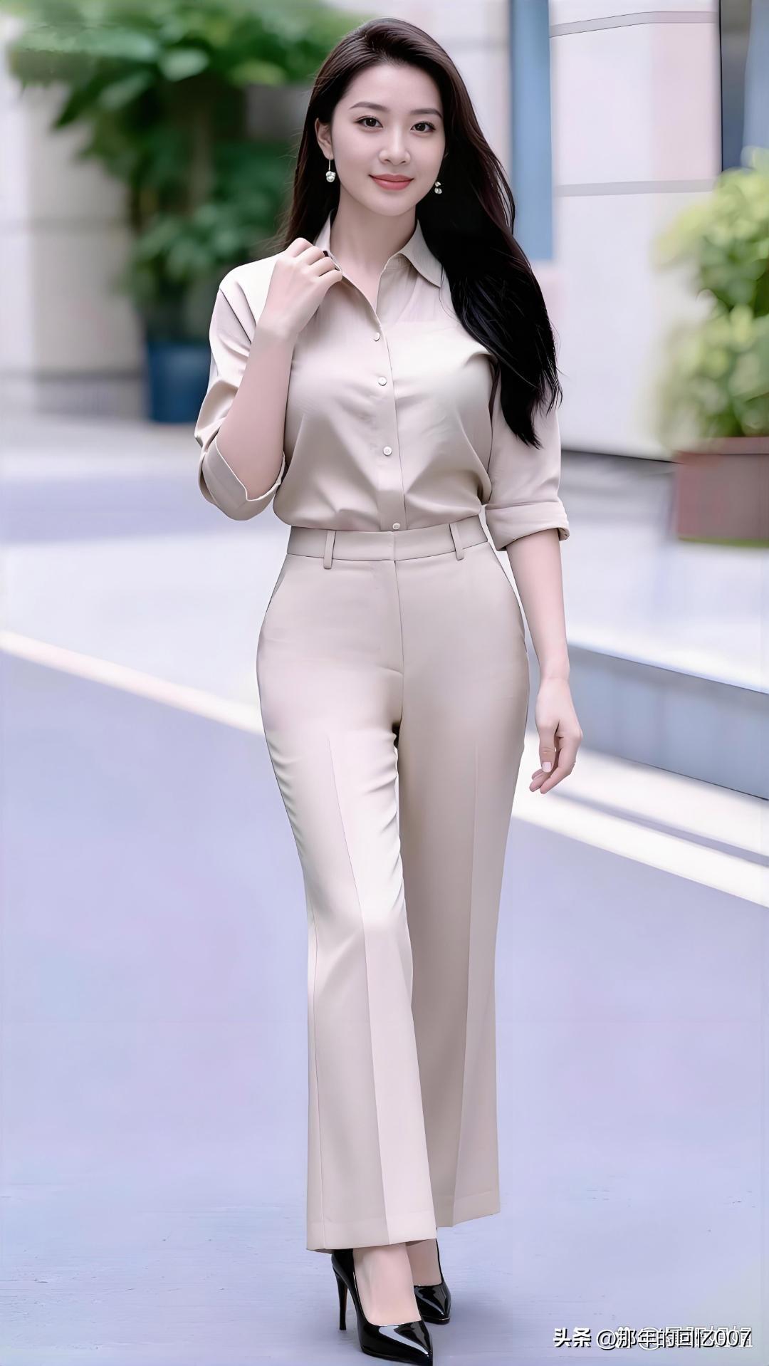 米色套装搭配黑色高跟鞋，这组合简直是优雅职场风的标配！米色套装自带温柔气质，能让