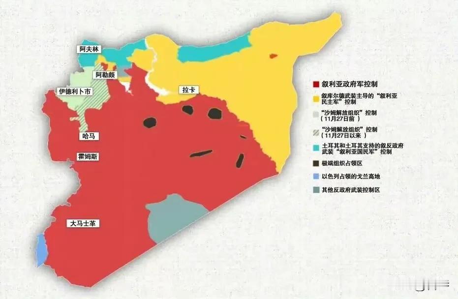 四分五裂！

叙利亚目前已经彻底乱成了一锅粥：

1: 叙利亚政府军控制着红色地