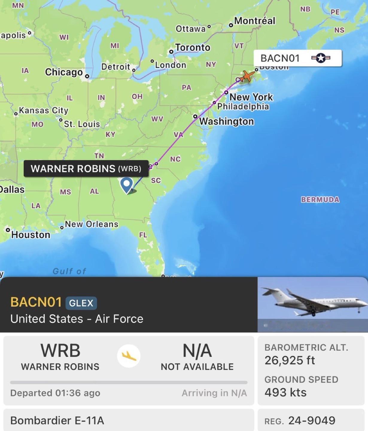 又一架庞巴迪 E-11A 战场空中通信节点 (BACN)，即 BACN01，已从