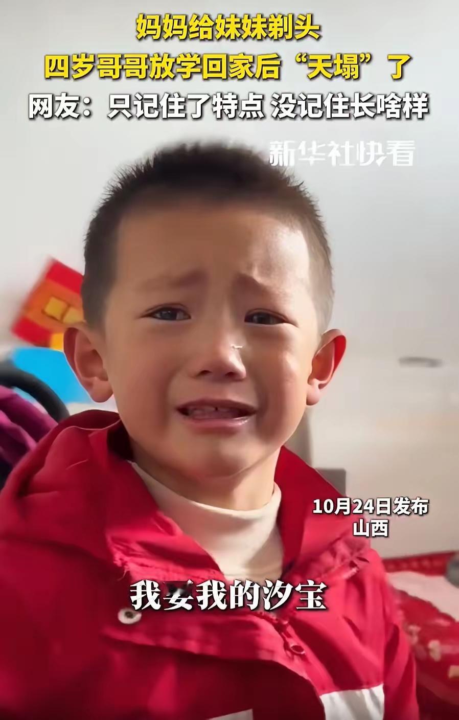 山西4岁哥哥认不出剪发妹妹，哭着控诉妈妈：你把我的妹妹换了！
 
谁家里还没个“