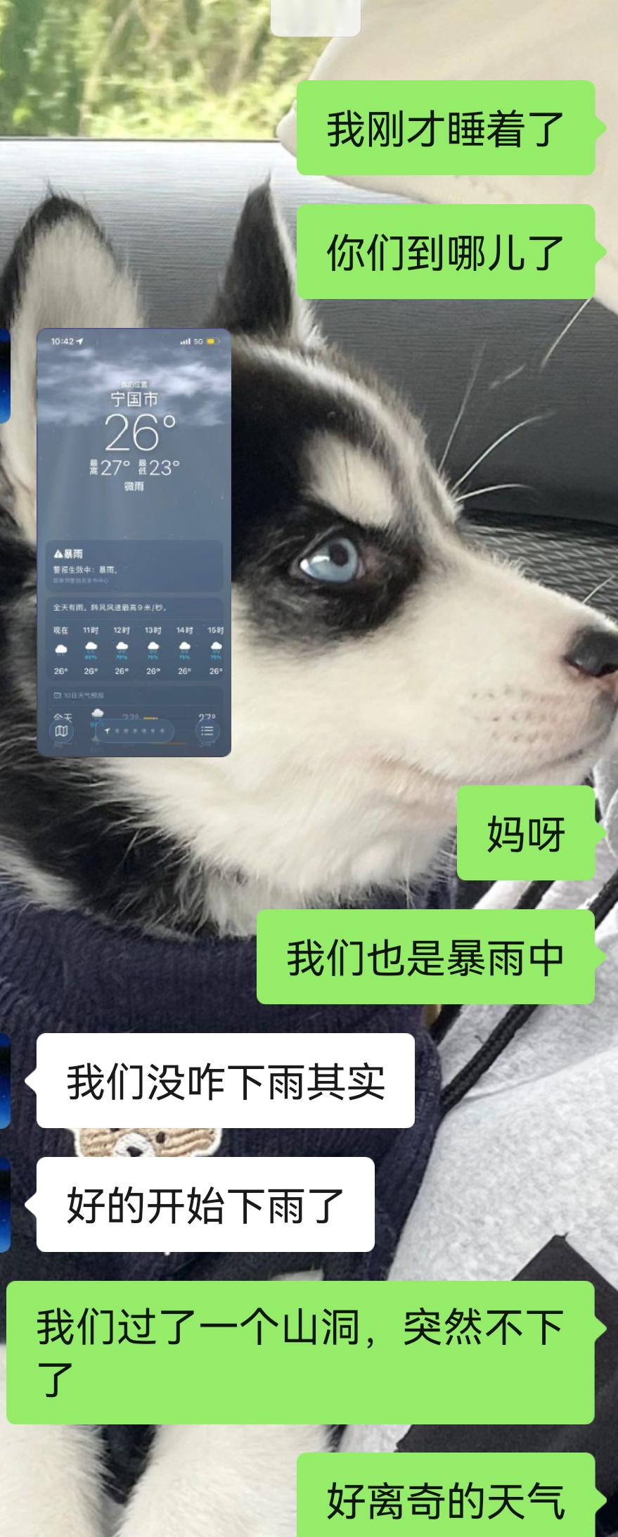 第一次见到这样的天气，一路穿山洞，一段路暴雨倾盆，过了一个山洞雨过天晴，再过了一
