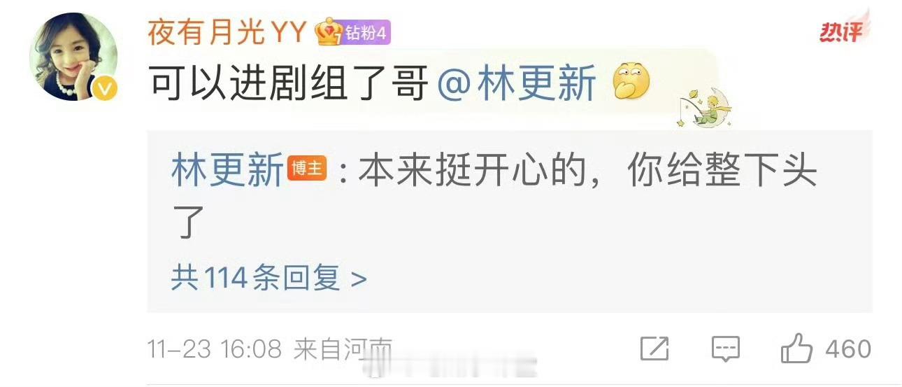 林更新 本来挺开心的你给整下头了 看到林更新回复网友了，这心情一下子就了解了，本
