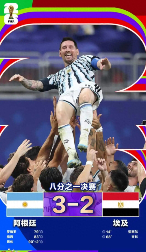 史诗级让二追三！阿根廷 3-2 惊天逆转埃及，惊险挺进世界杯八强⚽北京时间 7 