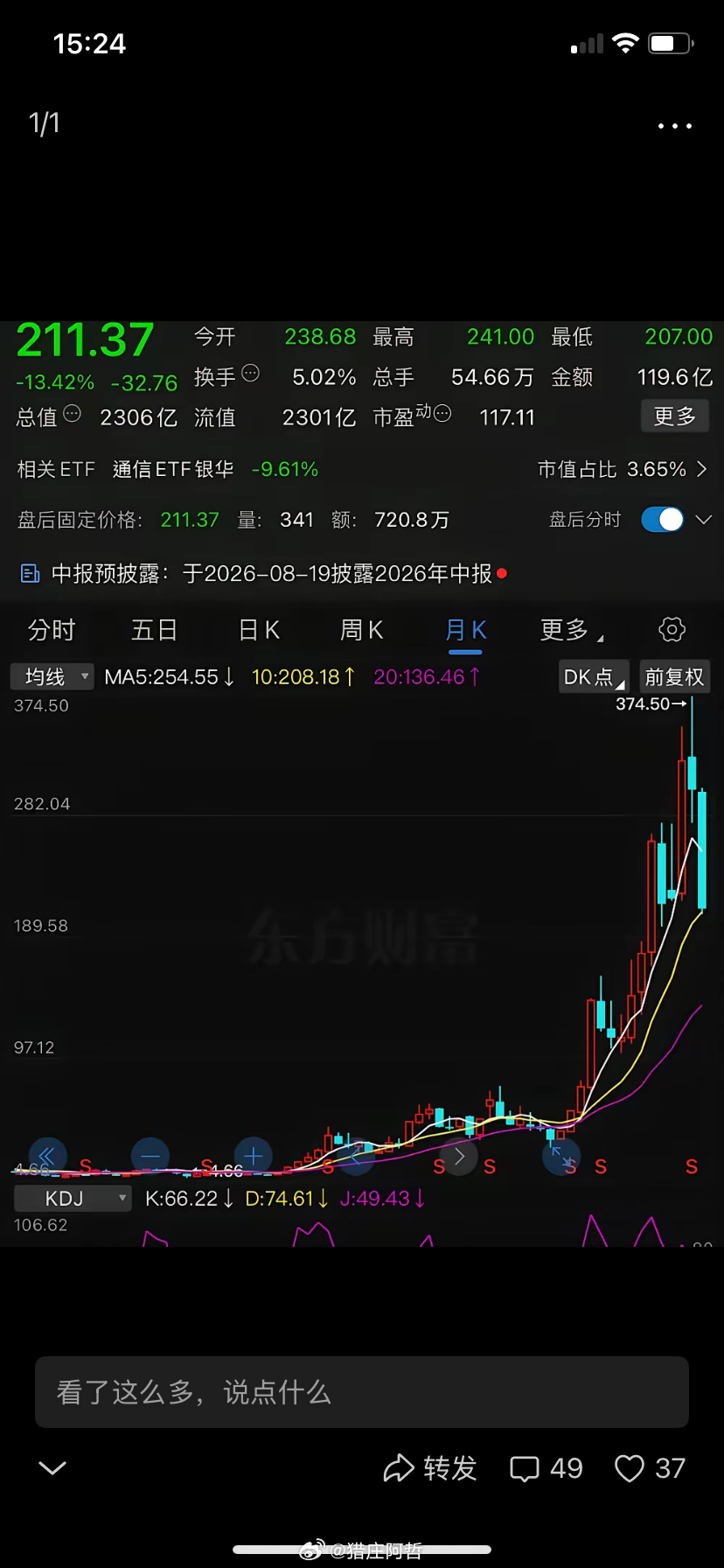 天孚通信，套在300元以上的，估计10年都解不了套。预计上半年净利润同比增长25