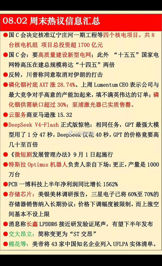 8.02周日  晚间：财经热点信息参考！1.核电核能2.磷化铟衬底3.云服务4.