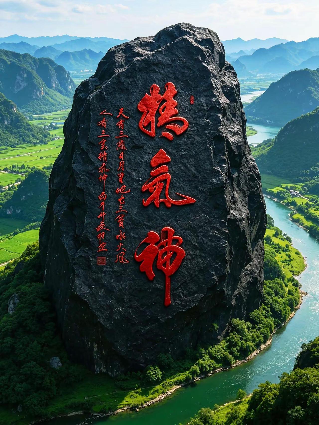 维安原创书法作品。AI红浮雕书法巨石图
