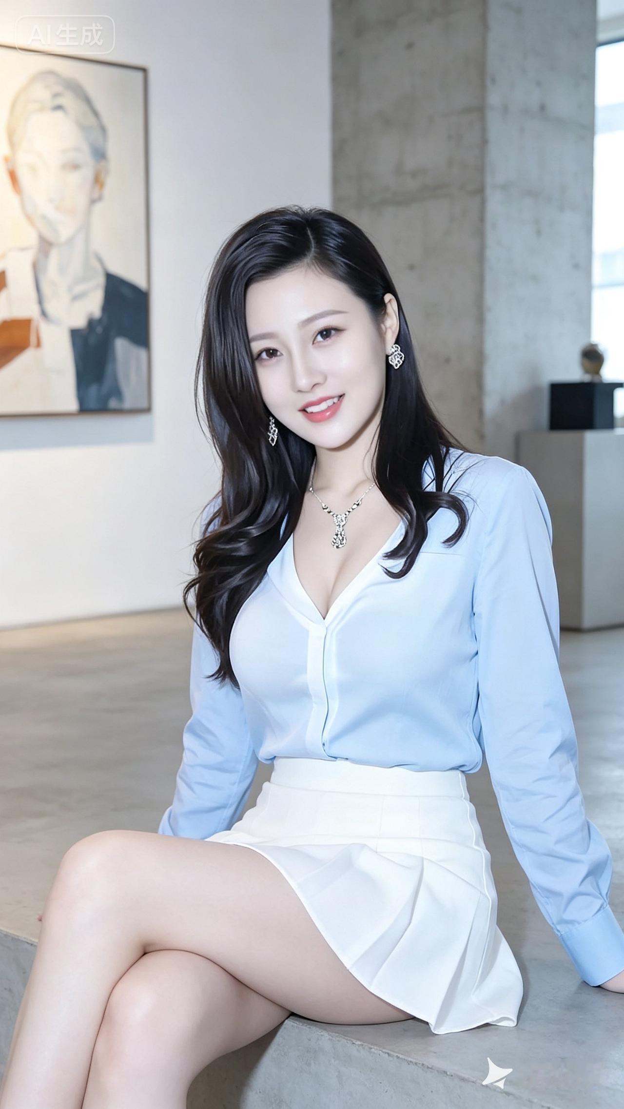 一个漂亮女孩坐在台阶上微笑。