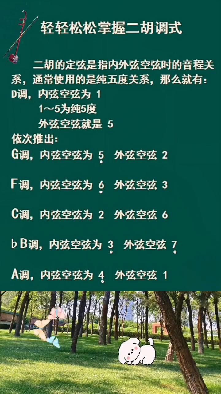 轻轻松松掌握二胡调式。
二胡的定弦是指内外弦空弦时的音程关系，通常使用的是纯五度
