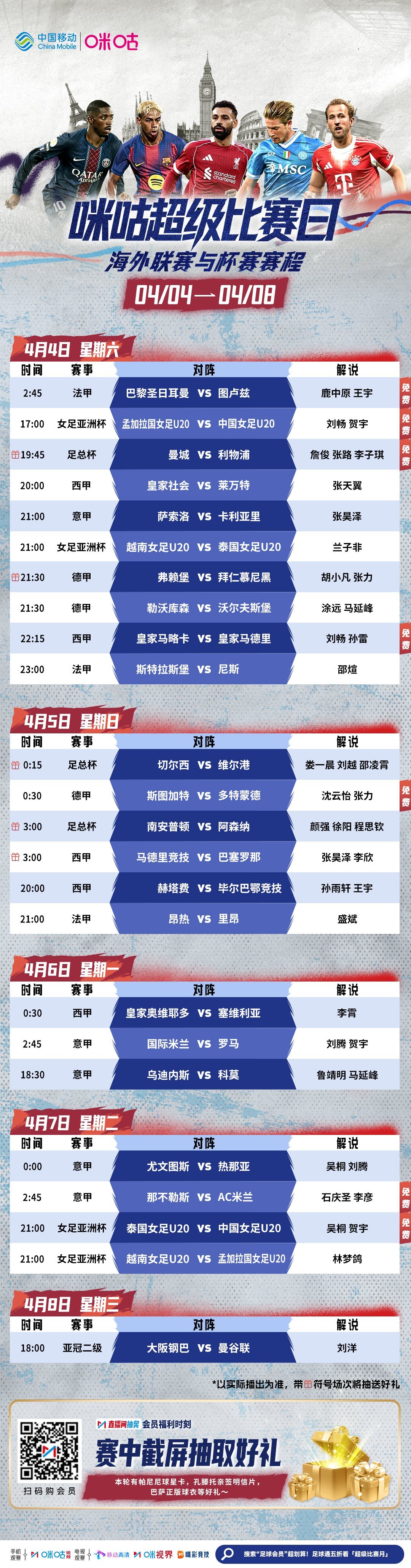 ⚽️ 咪咕超级比赛日𝟰.𝟰-𝟰.𝟴🔥 U20女足小组赛剩余两场⚔️ 曼
