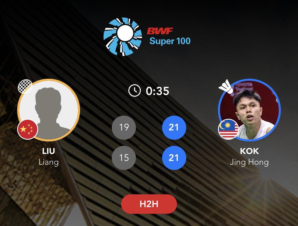刘亮🇨🇳 19-21、15-21 🇲🇾郭景宏下轮：胡哲安🇨🇳 vs 