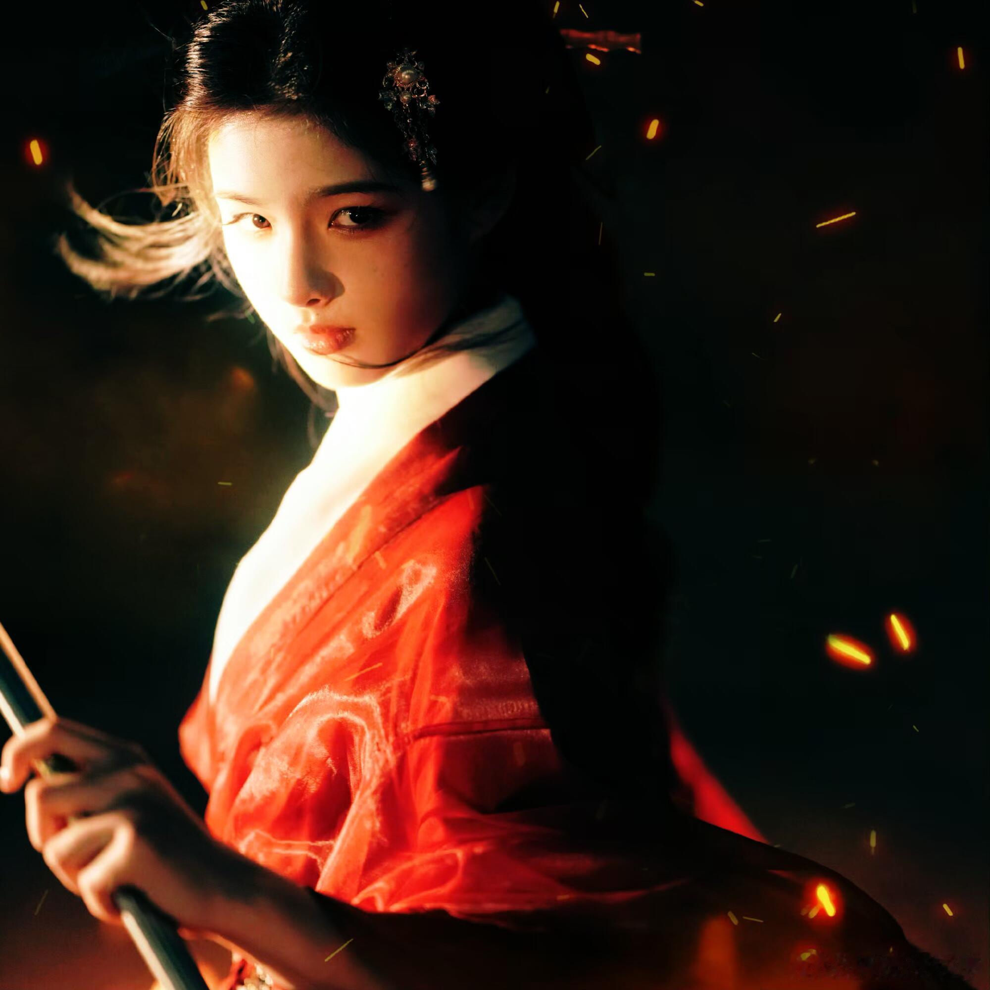 艾米古早港片武侠氛围感红纱盖剑、抬眸无言，氛围感直接拉满。弹幕炸了不奇怪，谁看了