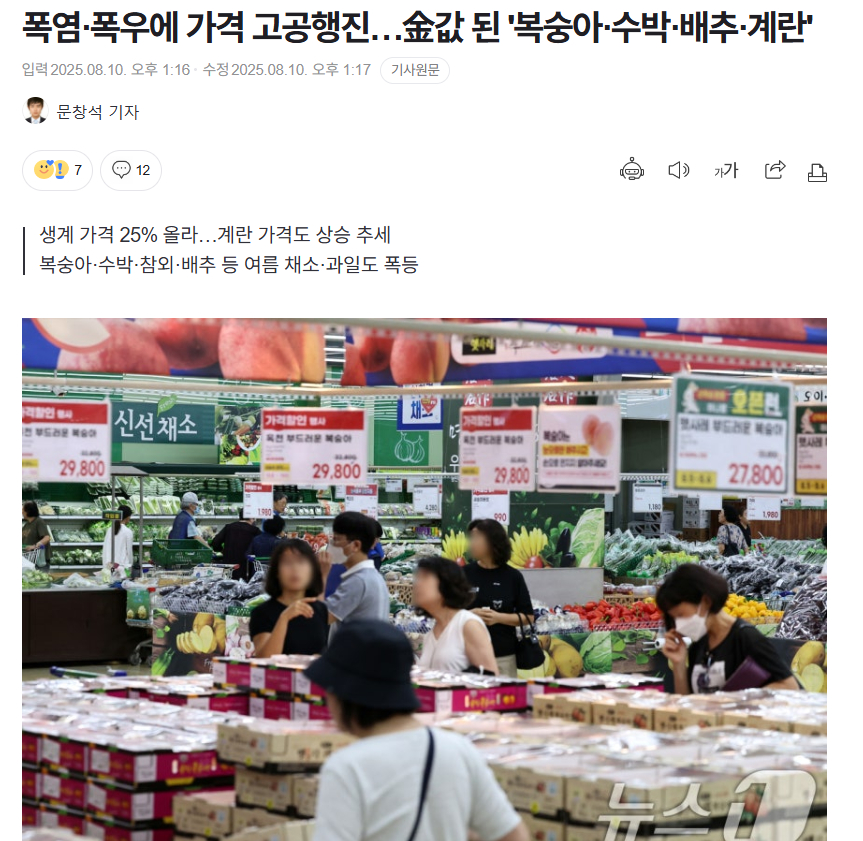 【韩国高温暴雨致价格飙升…“金价”般的"桃子·西瓜·白菜·鸡蛋"】海外新鲜事热点