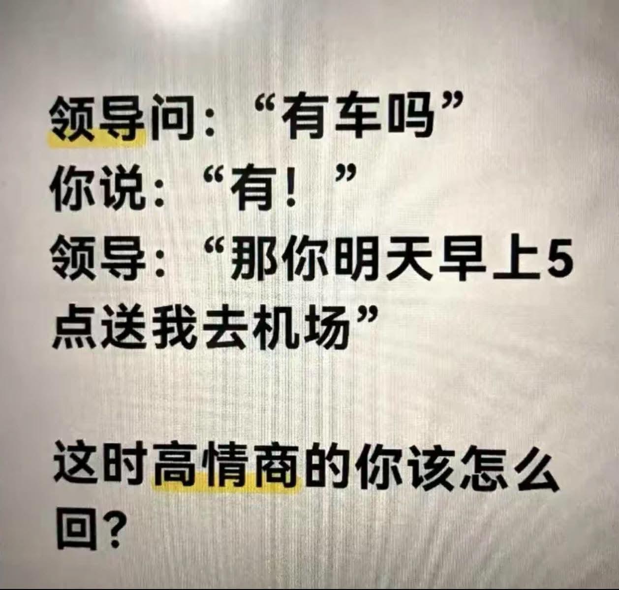假如你领导问：“有车吗？”
你说：“有！”
领导回道：“那你明天早上5点送我去机
