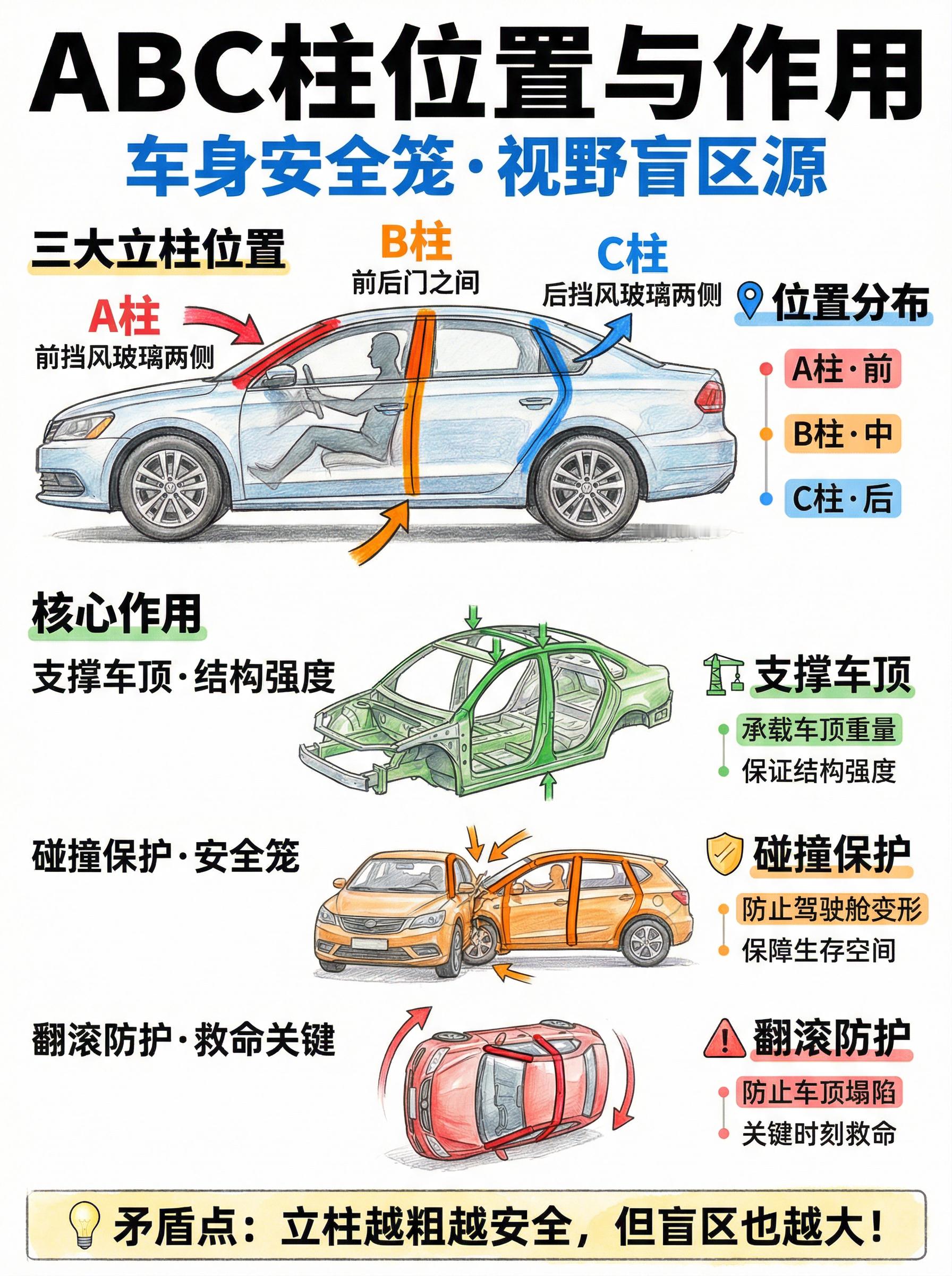 开车的朋友都听过ABC柱，但很多人分不清都在哪，有什么用处。A柱在前挡风玻璃两边
