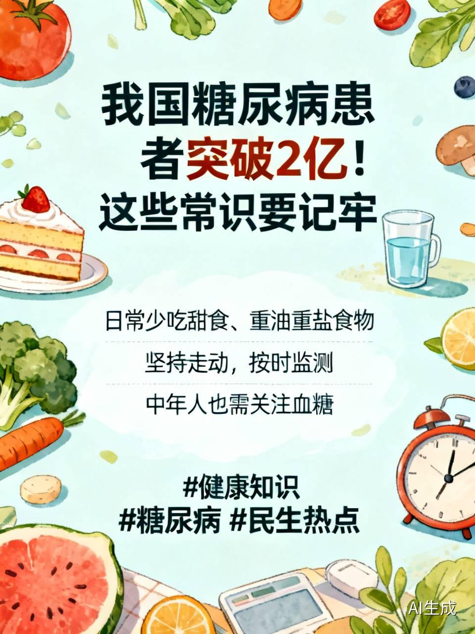 标题：我国糖尿病患者突破2亿！这些常识要记牢
看到热榜消息，国内糖尿病患者已经突