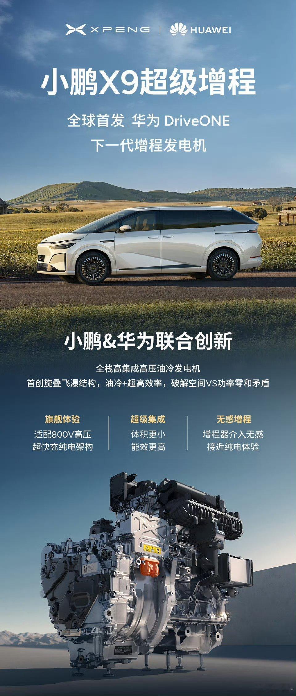 小鹏和华为联合打造的增程发电机，在X9超级增程上首发这台发电机功率密度达到了1.